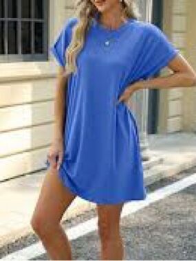 Aimage Blue Short Sleeve Casual Shirt Dress